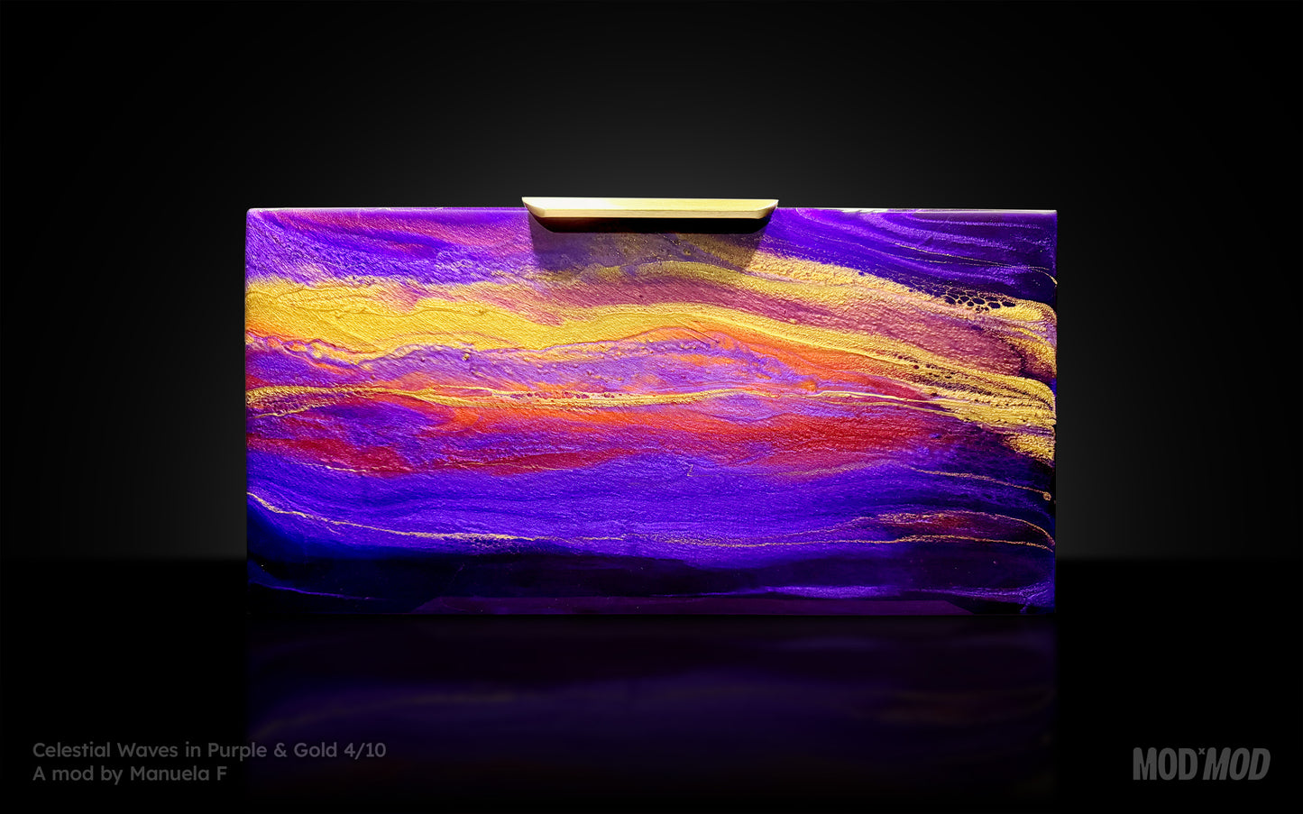 Colorful abstract painting with wavy patterns in purple, gold, and yellow on a dark background.