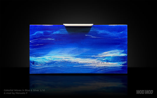Modern furniture piece with a blue abstract waves design