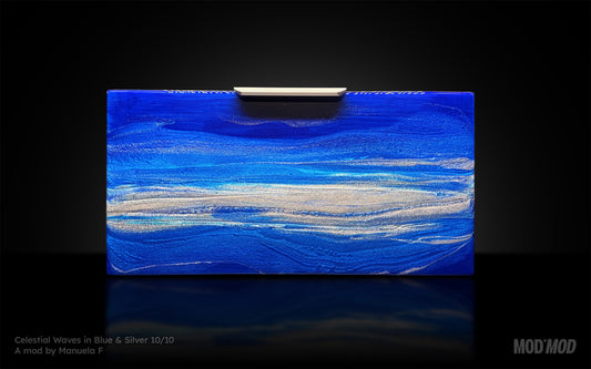 Modern furniture piece with a blue abstract waves design