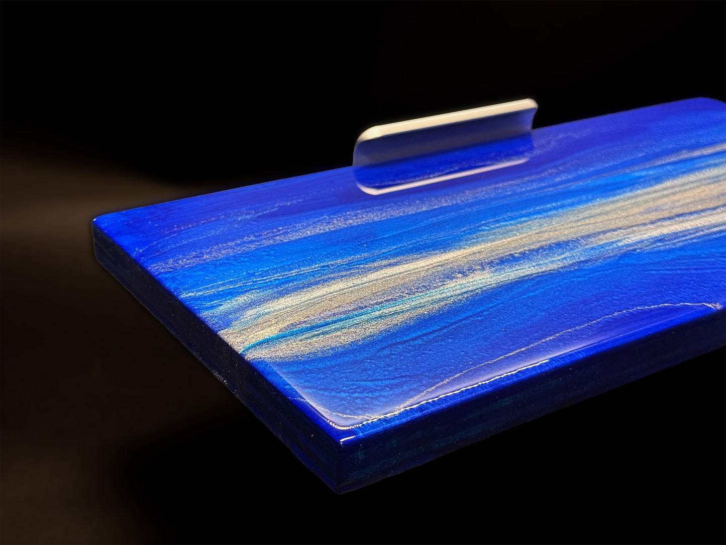 Modern furniture piece with a blue abstract waves design