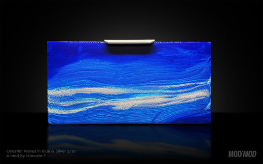 Modern furniture piece with a blue abstract waves design