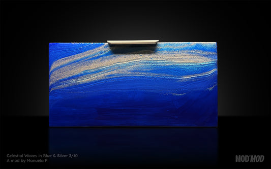 Modern furniture piece with a blue abstract waves design