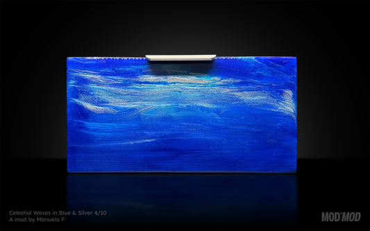 Modern furniture piece with a blue abstract waves design