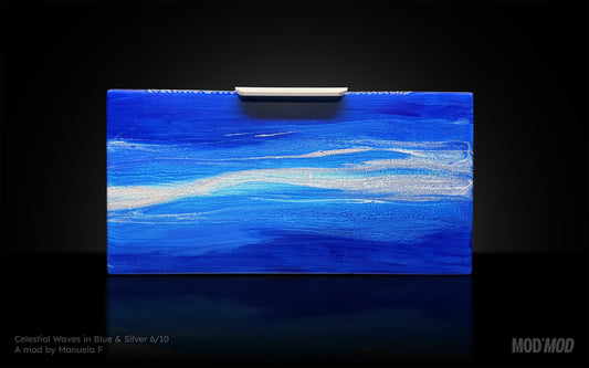 Modern furniture piece with a blue abstract waves design