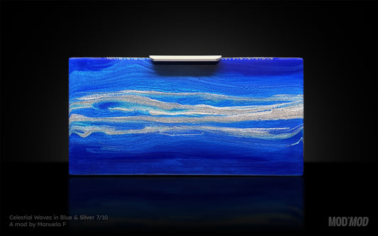 Modern furniture piece with a blue abstract waves design