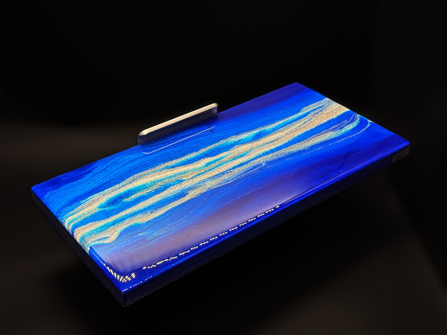 Modern furniture piece with a blue abstract waves design