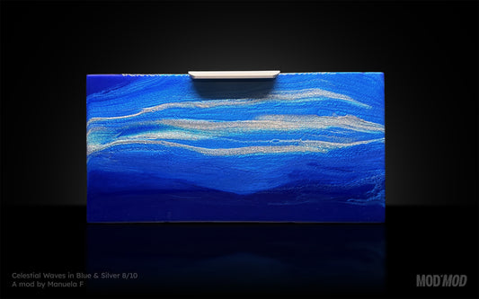 Modern furniture piece with a blue abstract waves design