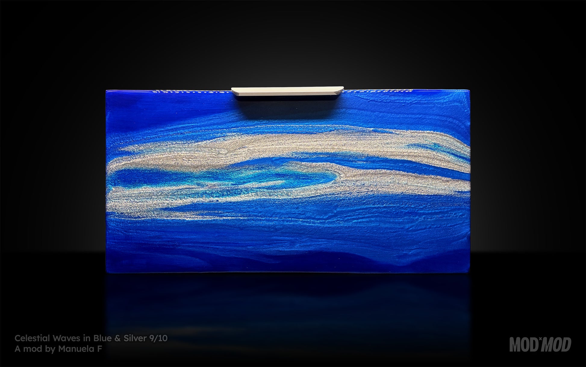 Modern furniture piece with a blue abstract waves design