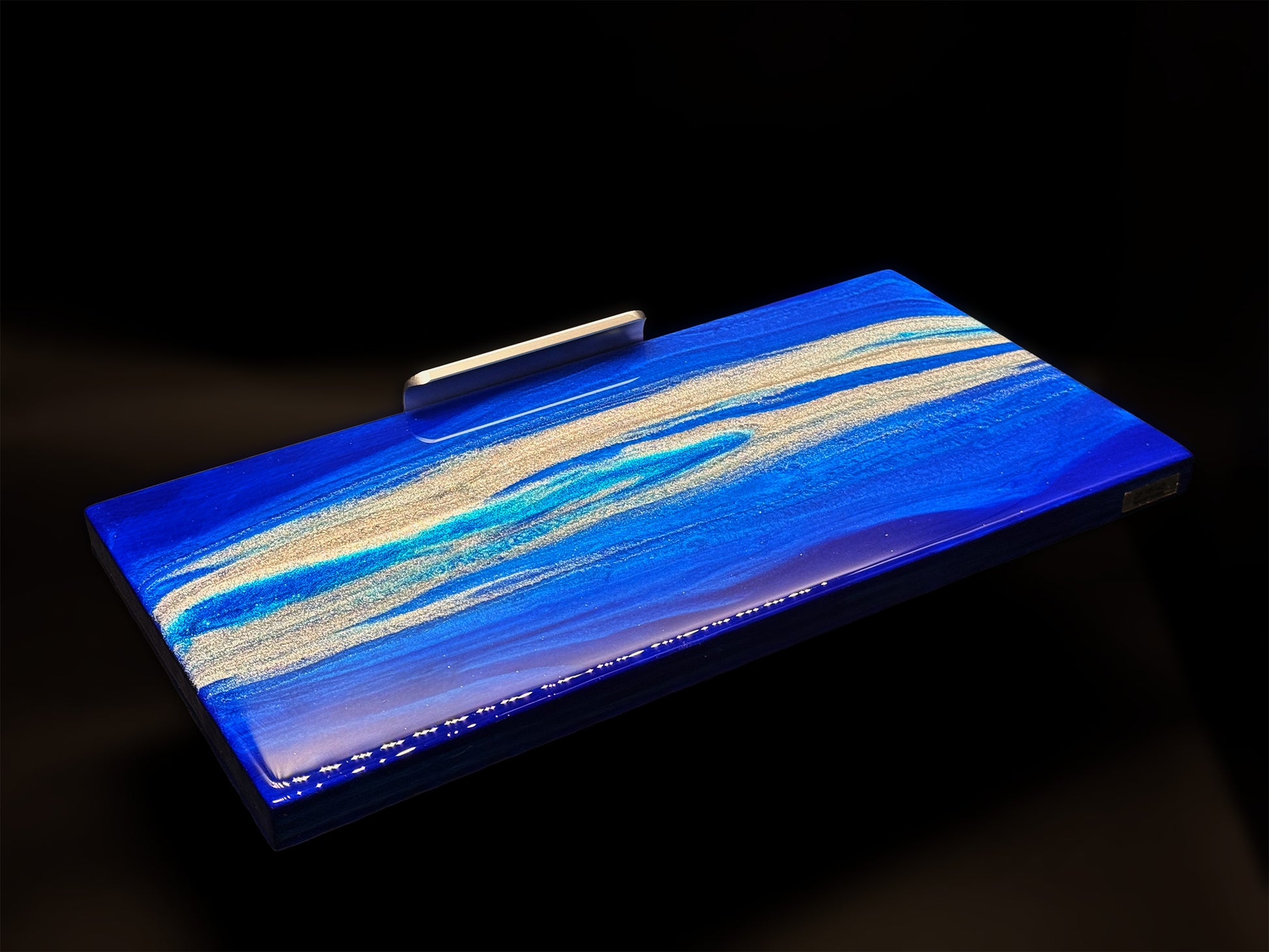 Modern furniture piece with a blue abstract waves design