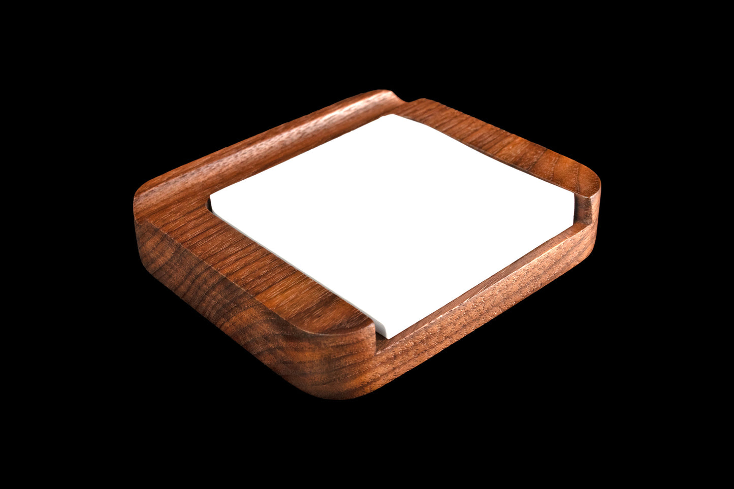 Walnut sticky note caddy from angle