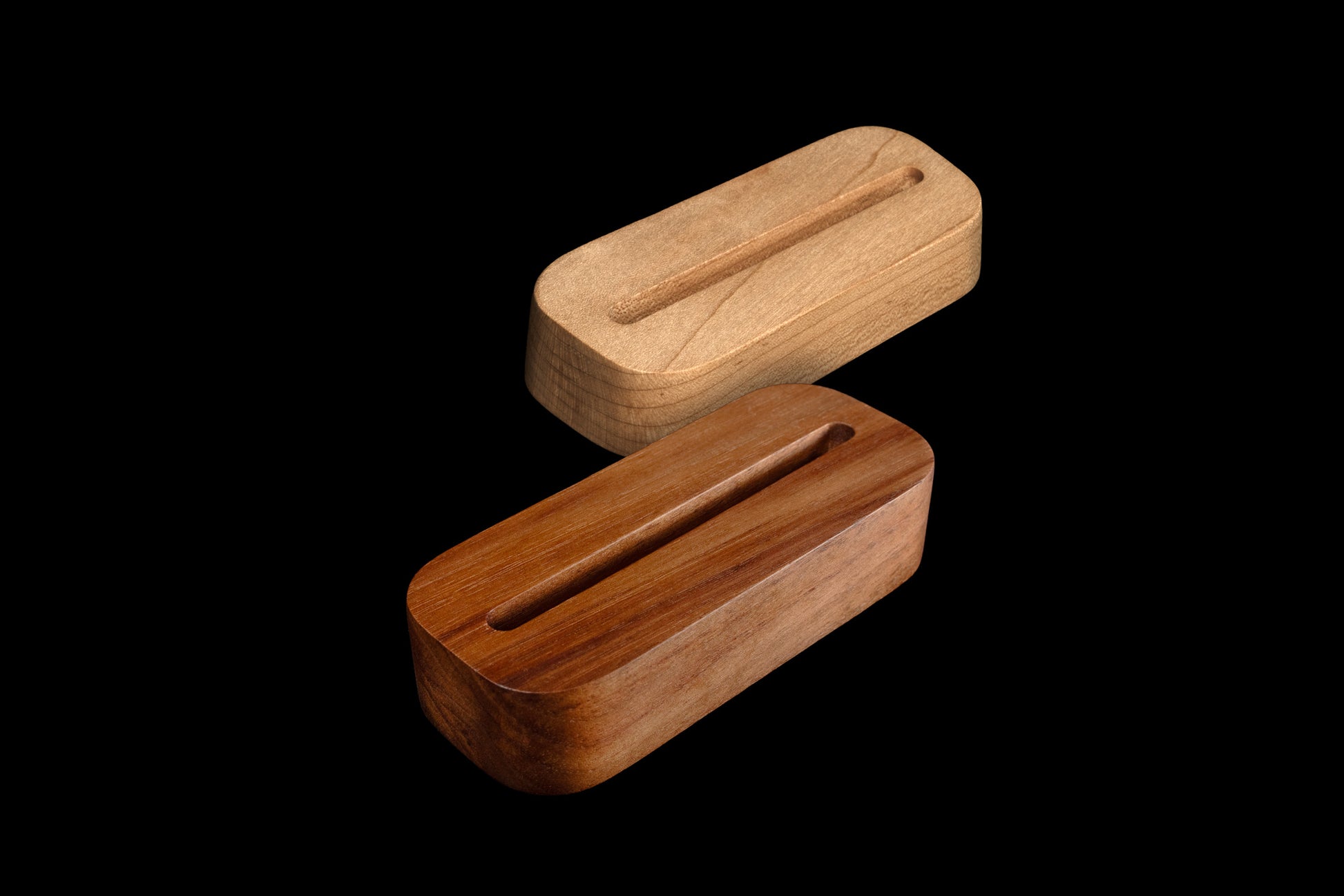 Walnut and maple card stands
